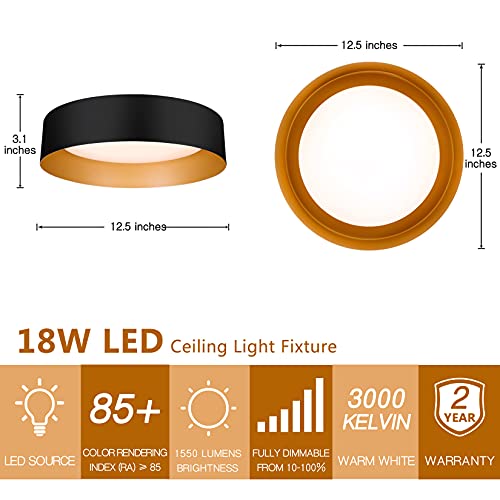 Bargeni 12.5 Inch Matte Black Flush Mount Ceiling Light 2-Pack with Gold Interior - Modern Minimalist Design