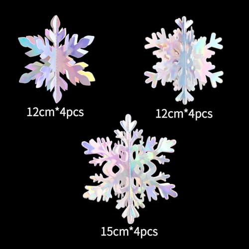 Iridescent-Holographic Snowflake-Snow Christmas Party-Decorations Garland - 12Pcs 3D Winter Wonderland Frozen Hanging Streamers Banner,Disco Birthday Baby Bridal Shower Wedding Decor Supplies Hugtmr