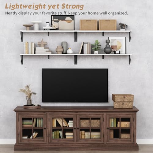 White Floating Wall Shelf - 36 x 8 Inches Rustic Wooden Book Storage with Metal Brackets