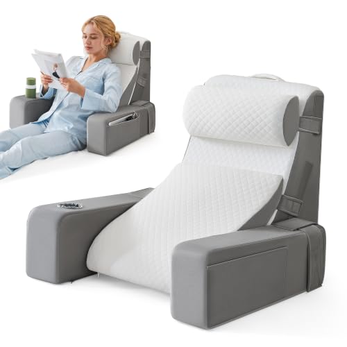 Light Gray Reading Pillow for Bed with Adjustable Armrests & Side Pockets - 5PCS Set