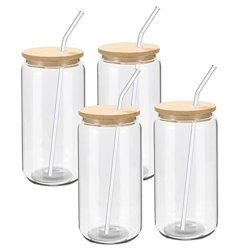 YOUKE OLA 20 Pack Glass Beer Can Shaped Tumblers with Bamboo Lids & Straws, 16oz Reusable Drinkware for Whiskey, Coffee, Tea, Soda, Cocktails