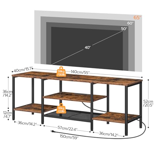 55 Inch Rustic Brown & Black TV Stand with Power Outlets, Open Shelves - Supports 65" TV