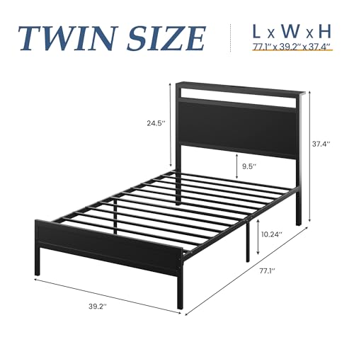 Twin Bed Frame with Headboard, Footboard, LED Lights & Charging Station - Classic Black