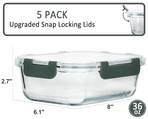 M MCIRCO 5-Pack 36 oz Glass Food Storage Containers with Lids - Gray, Leakproof, Microwave & Dishwasher Safe