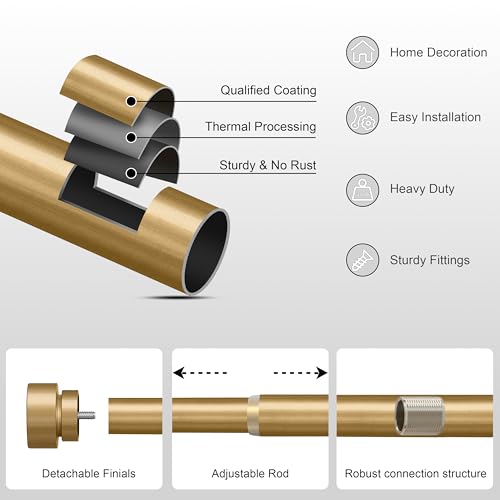 PORTRES Gold Adjustable Curtain Rod Set of 2 for Windows 16-60 Inches Heavy Duty Farmhouse Design