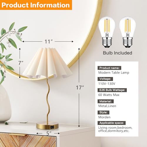 EOEYYOYB Gold Pleated Table Lamp for Bedroom & Home Office, Linen Shade, Modern Nightstand Light