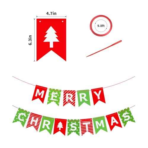 AHEONLAR Merry Christmas Banner, Red Green Xmas Decorations Paper Banner Sign With String for Fireplace/Wall/Window, Christmas Home Office Decor Banners, Christmas Party Banner for Holiday Decoration
