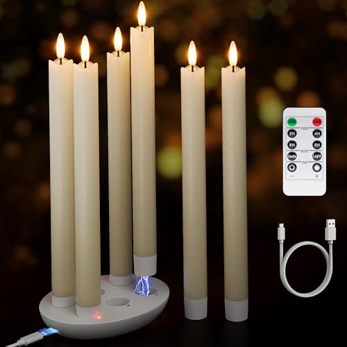 Ivory Rechargeable Flameless Taper Candles with Remote & Charging Base, 6 Pcs