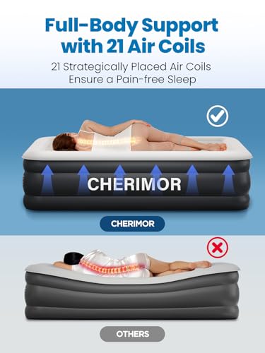 CHERIMOR Twin XL Air Mattress with Built-in Pump, 18 Inch Honeycomb Support, Black