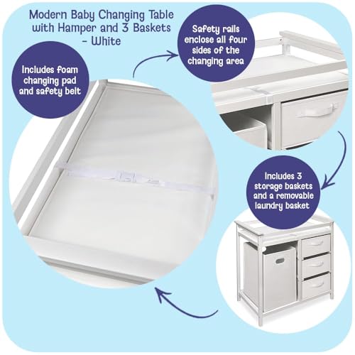 Badger Basket White Baby Changing Table with Laundry Hamper & Storage - Modern Nursery Furniture