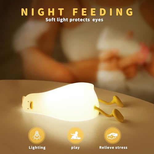 Lying Flat Duck Night Light, LED Squishy Duck Lamp,Cute Silicone Dimmable Nursery Nightlight,Rechargeable Bedside Touch Lamp for Breastfeeding Toddler Baby Kids Room Decor