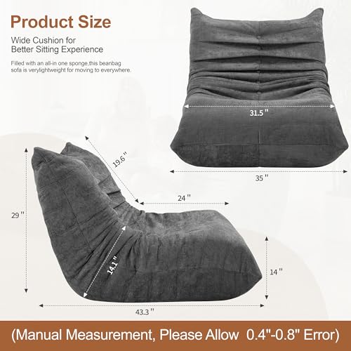 Grey Faux Fur Bean Bag Sofa Chair with Memory Foam - Floor Lounger for Living Room & Bedroom