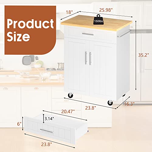 White 26-Inch Rolling Kitchen Island Cart with Drawer & Shelves