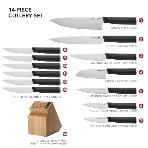 KitchenAid 14-Piece Stainless Steel Knife Set with Built-In Sharpener - Natural Finish