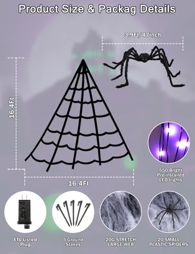Purple Outdoor Spider Web Lights 16.4FT with Spider, 550 LEDs, Waterproof, 8 Modes for Halloween Decoration
