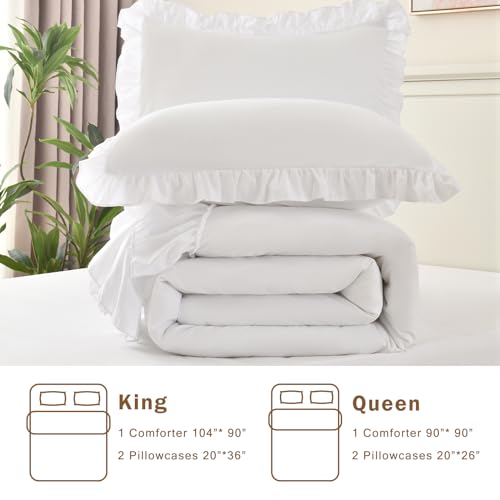 Cupocupa White Queen Comforter Set 3Pcs Ruffle Farmhouse Bedding - Lightweight & Fluffy