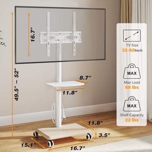 5Rcom White Rolling TV Stand with Power Outlet, Swivel & Height Adjustable for 32-60 Inch TVs