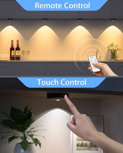 Rechargeable Under Cabinet LED Puck Lights with Remote Control - Warm White / Cool White, 6 Pack