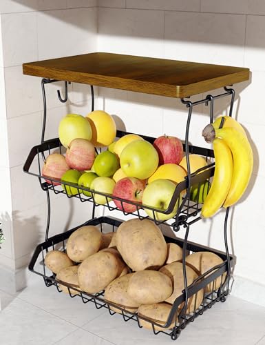 OKZEST 3-Tier Under-Cabinet Fruit Basket with Wood Top, Black, 16.8"H