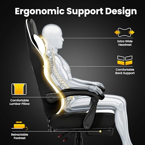 VOYADOTE Gaming Chair with Footstool, Ergonomic Lumbar Support, Deep Black