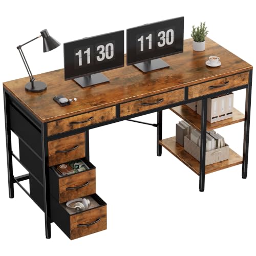 OLIXIS Rustic Brown 55 Inch Computer Desk with 6 Fabric Drawers for Home Office & Gaming
