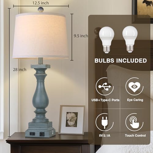 Farmhouse Table Lamps Set of 2 with USB-C & AC Outlets - Blue Vintage Nightstand Lamps - 3 Way Touch Control for Bedroom Living Room Office - Blue-2pack