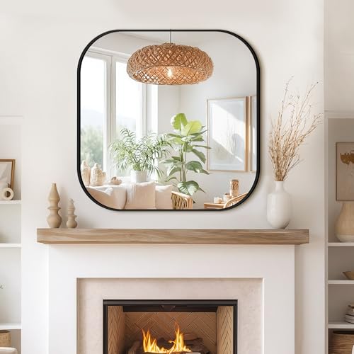 30x30 Inch Black Bathroom Vanity Wall Mirror with Rounded Corners