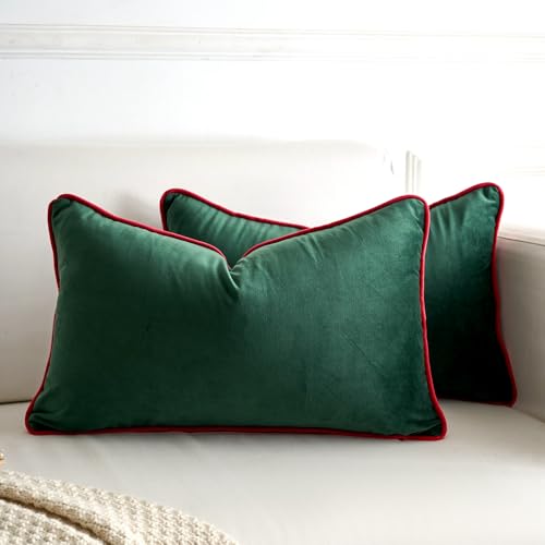 LIGICKY 2-Pack Dark Green Velvet Lumbar Pillow Covers 12x20 Inches Modern Minimalist Decor