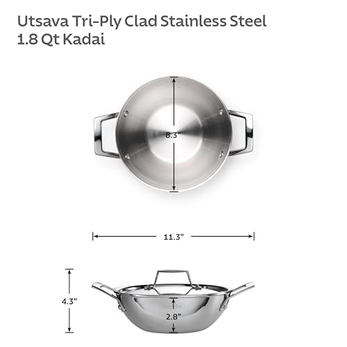 Tramontina Utsava 1.8 Qt Tri-Ply Clad Stainless Steel Kadai with Lid, Uncoated