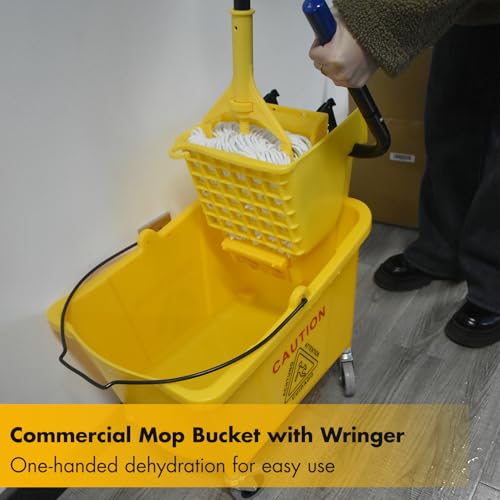 Commercial Mop Bucket Set with 2 Mop Heads & Caution Sign - 38 Quart