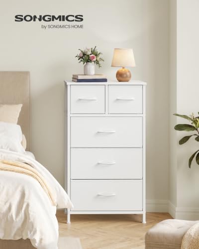 Cloud White Tall Dresser with 5 Fabric Drawers - Steel Frame & Wooden Top