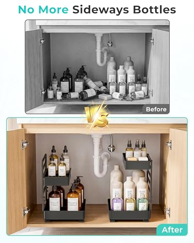 EVERIE 2 Sets Height Adjustable Metal Pull-Out Under Sink Cabinet Organizer, Black