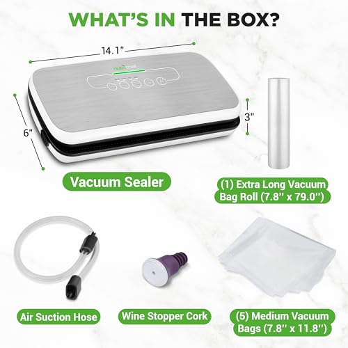 NutriChef Silver Food Vacuum Sealer Machine - 14.1 x 6 x 3 Inch, Automatic Air Sealing for Dry & Moist Foods