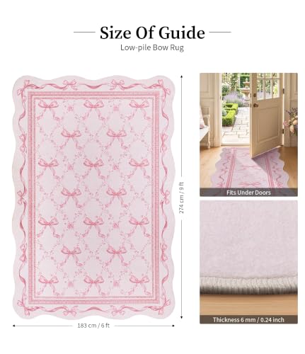 Pink Bow Area Rug for Girls - 8x10 Washable Floral Scalloped Rug - Pink / 8' x 10'