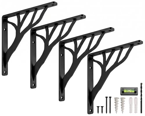 10 Inch Heavy Duty Wall Shelf Brackets Set of 4 - Rustic Black Iron L Brackets for Floating Shelves