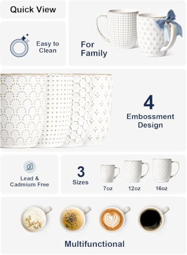 LE TAUCI Ceramic Coffee Mugs Set of 4, 16 oz, Embossed, Arctic White