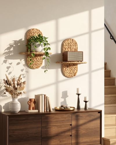 Set of 2 Wicker Wall Plant Holders - Rattan Boho Wall Shelves for Indoor Decor