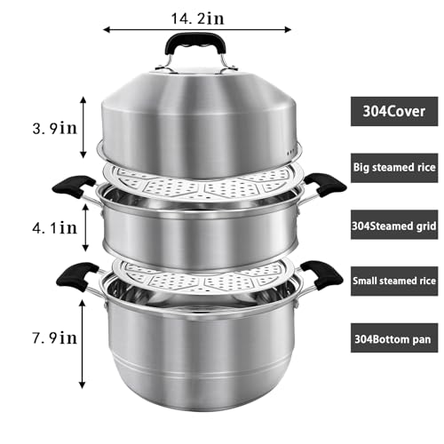 MANO 14.2 Inch Stainless Steel 2-Tier Steamer Pot with Lid for Cooking & Food Prep
