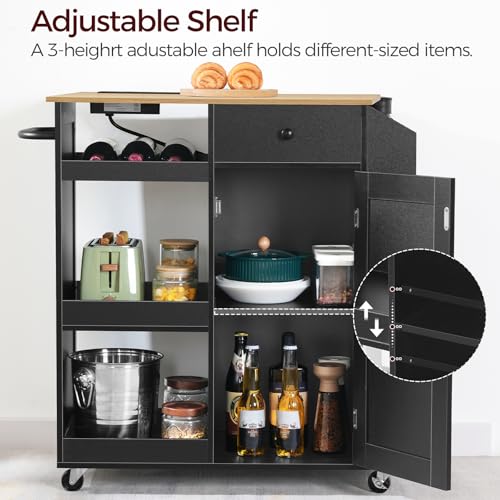 Kitchen Island Cart with Power Outlet and Storage - Black & Natural Finish