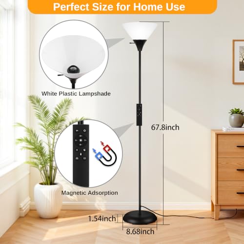 Black Floor Lamp with Remote & Dimmable LED Bulb - Modern Torchiere Standing Light