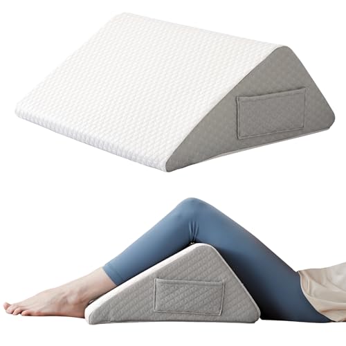 Ruqmuis White & Grey Knee Wedge Pillow for Back & Leg Support, 8" Leg Elevation Pillow for Pain Relief & Post-Surgery Recovery