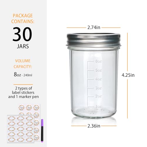 8 oz Mason Jars with Lids - 30 Pack Half Pint Canning Jars, Food Storage