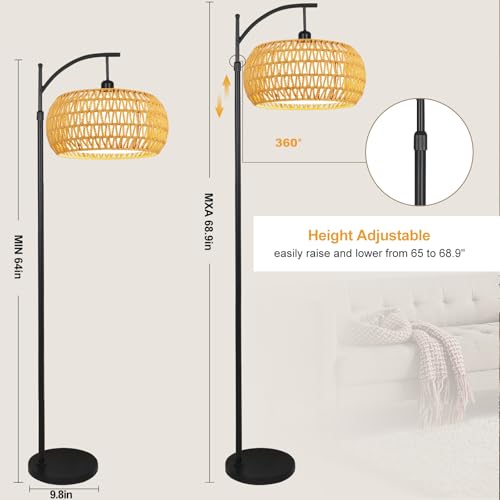 Yellow Rattan Boho Floor Lamp with Remote Control Dimmable LED Tall Lamp for Living Room