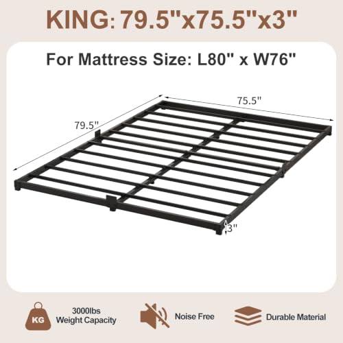 King Size Low Profile Bed Frame - 3 Inch Noise-Free Steel Platform, Heavy Duty Support