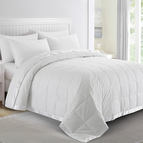 PureDown White King Size Lightweight Down Blanket with Satin Trim - Cozy & Warm