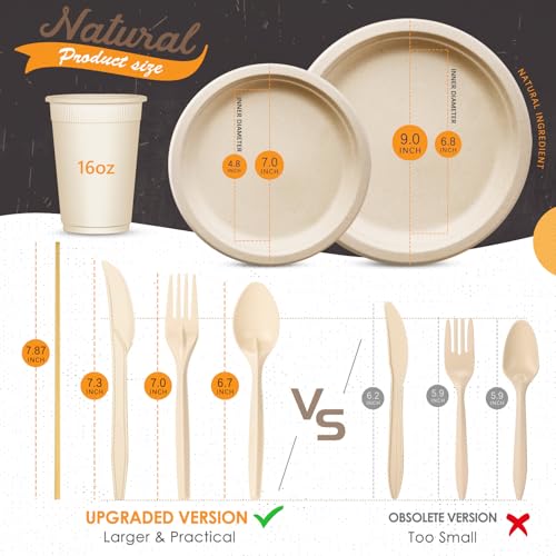 Heavy-Duty Compostable Plates Set - 350 Pieces Brown Dinnerware Utensils