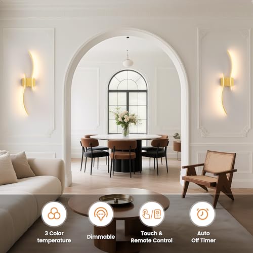 Gold 27.6 Inch Battery Operated Wall Sconces Set of 2 - Dimmable Wireless Wall Lights with Remote, Rechargeable for Living Room, Hallway, Bedroom
