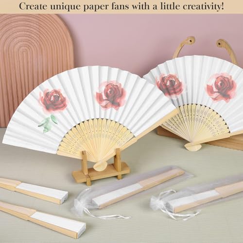 120 Pcs White Bamboo Handheld Paper Fans with Organza Bags Wedding Party Favors