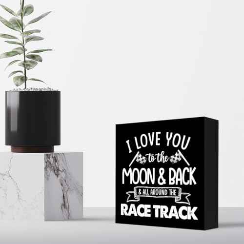 z-crange I Love You To The Moon And Back Black Wood Box Sign Desk Decor,Farmhouse Racing Checkered Flags Box Block Sign for Home Boys Room Shelf Table Decor Decorations¡¦