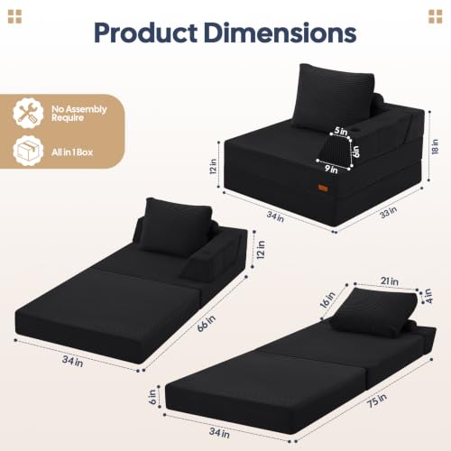 Black COMAX Folding Sofa Bed Chair - Single Floor Couch with Arm and Cup Holder